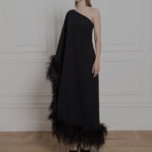 Taller Marmo Black Feathered Ubud One-Shoulder Dress, (NEW, Size 42)